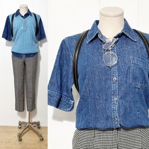 90s Short Sleeve Denim Button Front Top | Vintage